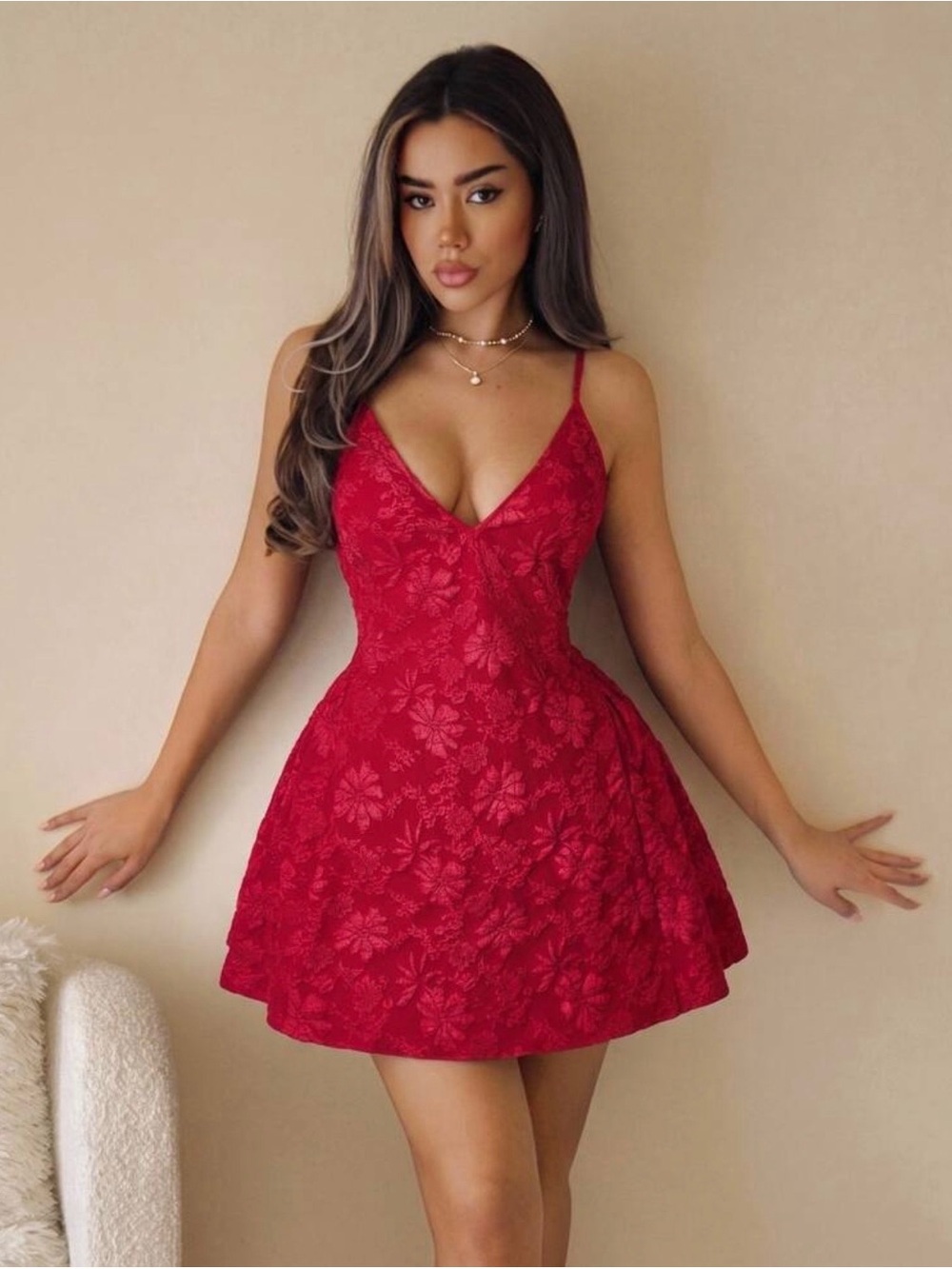 SHEIN Red Floral Lace Spaghetti Strap Mini Dress